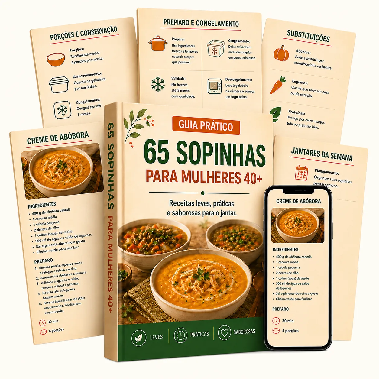 Mockup do material 65 Sopinhas para Mulheres 40+ com livro, celular e páginas internas