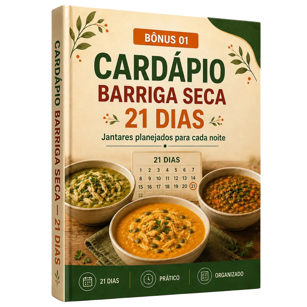 Mockup do bônus Cardápio Barriga Seca — 21 Dias